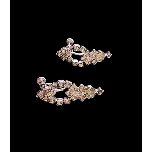 Vintage Clear Rhinestone Screw Back Dangle Chandelier Earrings - Picture 3 of 5